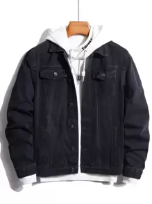 Manfinity Men Flap Pocket Denim Jacket Without Hoodie - Black - View 1
