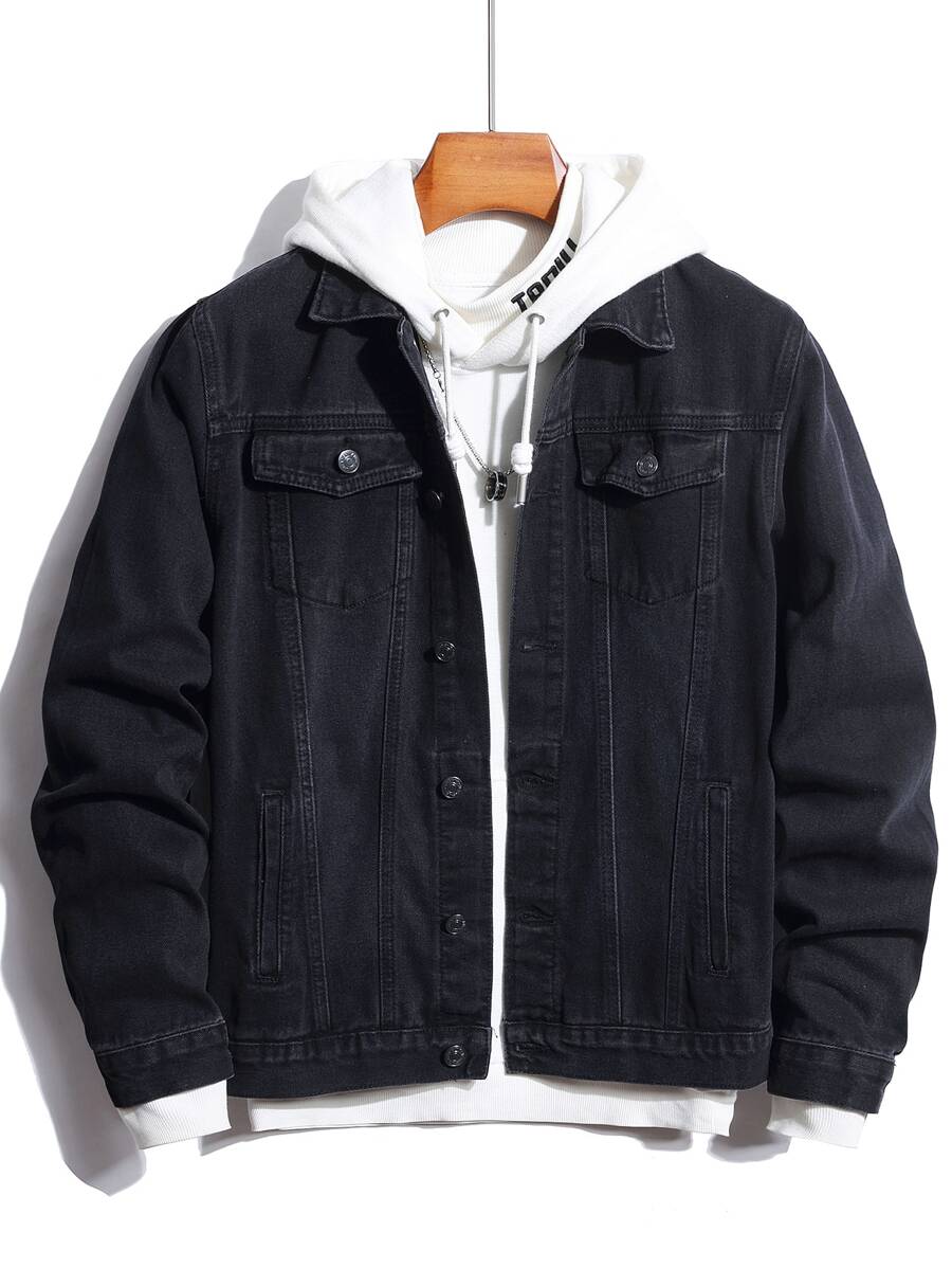 Manfinity Men Flap Pocket Denim Jacket Without Hoodie - Black - View 1