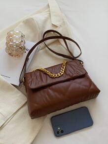 Quilted Chain Flap Square Bag - Brown - View 6