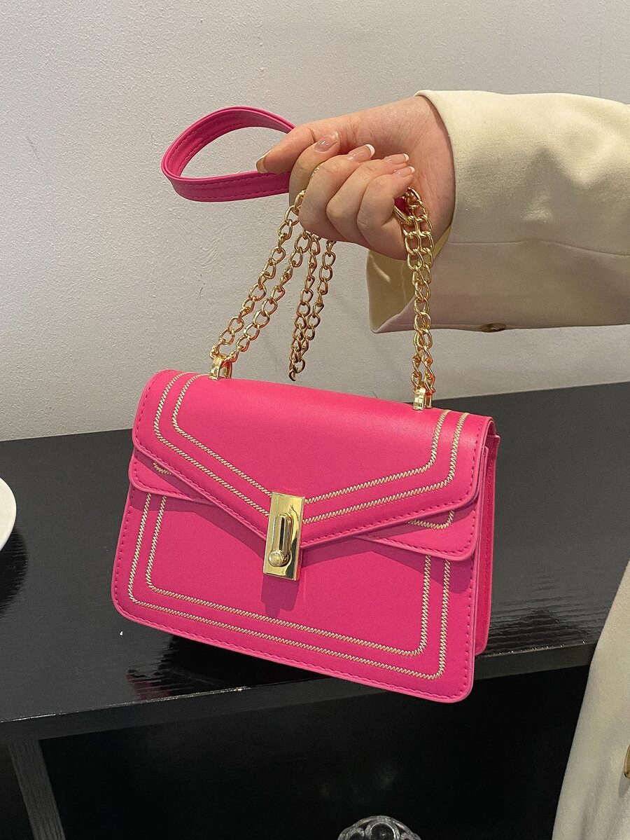 螢光紅刺繡細節翻蓋方包 - 玫紅色 - 查看 1