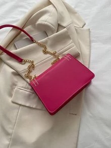 螢光紅刺繡細節翻蓋方包 - 玫紅色 - 查看 5