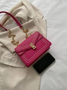 螢光紅刺繡細節翻蓋方包 - 玫紅色 - 查看 6