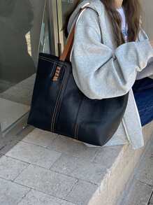 針腳細節單肩托特包 - 黑色 - 查看 2