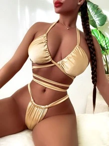 純色十字背心風格，夏季沙灘比基尼套裝 - 金色 - 查看 3