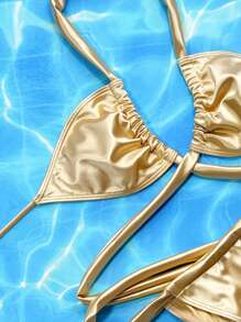 純色十字背心風格，夏季沙灘比基尼套裝 - 金色 - 查看 4