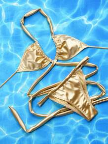 純色十字背心風格，夏季沙灘比基尼套裝 - 金色 - 查看 5