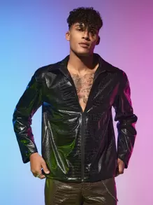 Manfinity Men Crocodile Embossed PU Leather Jacket - Black - View 3