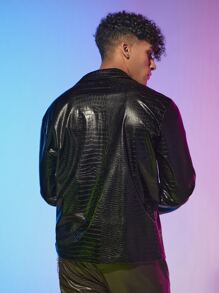 Manfinity Men Crocodile Embossed PU Leather Jacket - Black - View 2