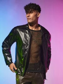 Manfinity Men Crocodile Embossed PU Leather Jacket - Black - View 5