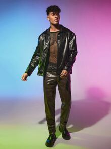 Manfinity Men Crocodile Embossed PU Leather Jacket - Black - View 7