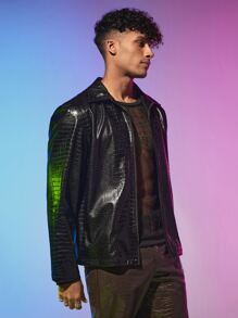 Manfinity Men Crocodile Embossed PU Leather Jacket - Black - View 9