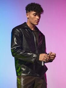 Manfinity Men Crocodile Embossed PU Leather Jacket - Black - View 10