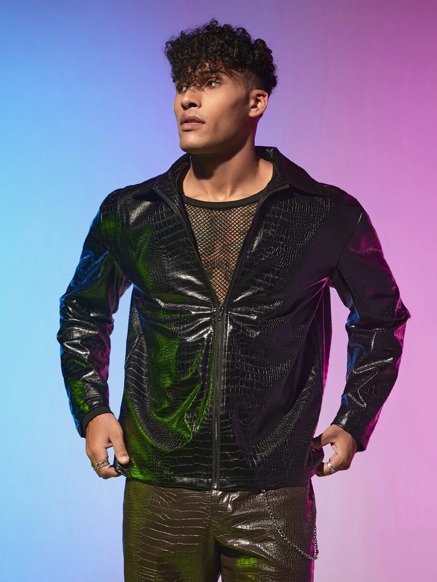 Manfinity Men Crocodile Embossed PU Leather Jacket - Black - View 1