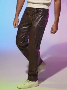 Manfinity Men Crocodile Embossed Chain Detail PU Leather Pants
