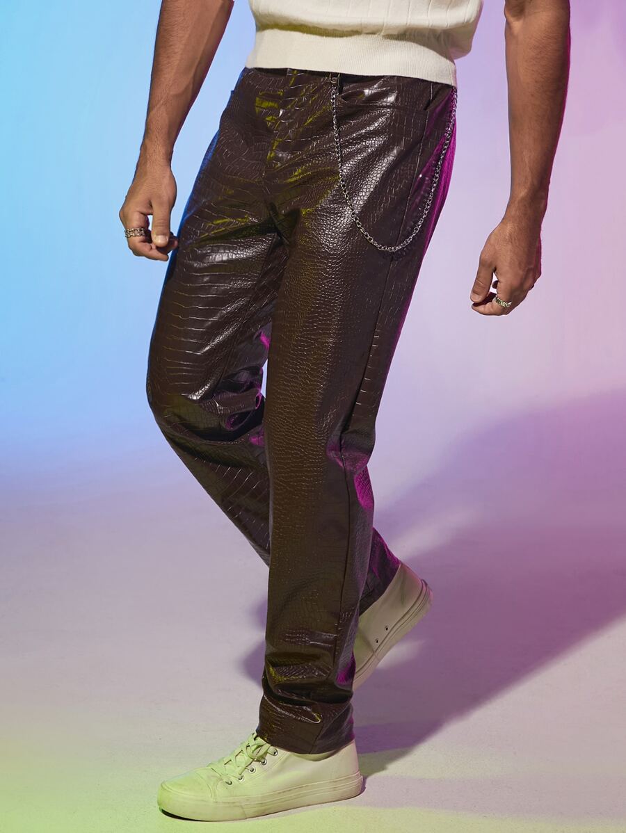 Manfinity Men Crocodile Embossed Chain Detail PU Leather Pants