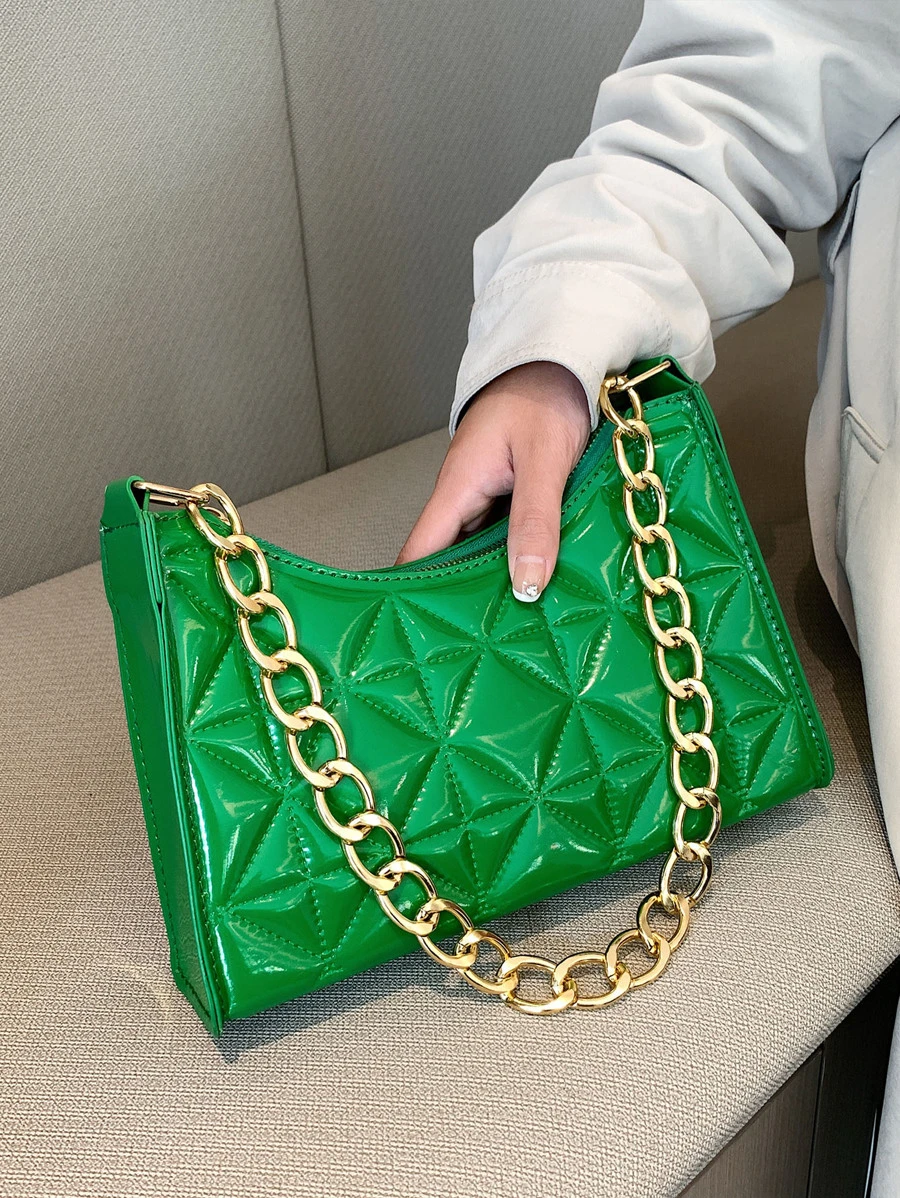 Quilted Detail Chain Bag - Green - View 1