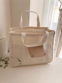 時尚多功能帆布袋，肩背袋，斜跨包，具有大容量和多個口袋 - 米色 - 查看 5