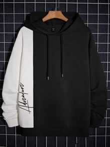 EASEVO Men Plus Letter Graphic Two Tone Drawstring Hoodie - Black - View 1