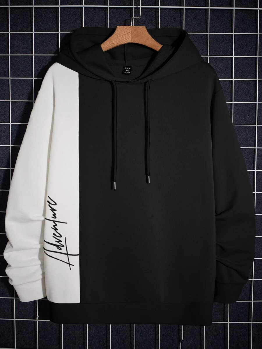 EASEVO Men Plus Letter Graphic Two Tone Drawstring Hoodie - Black - View 1