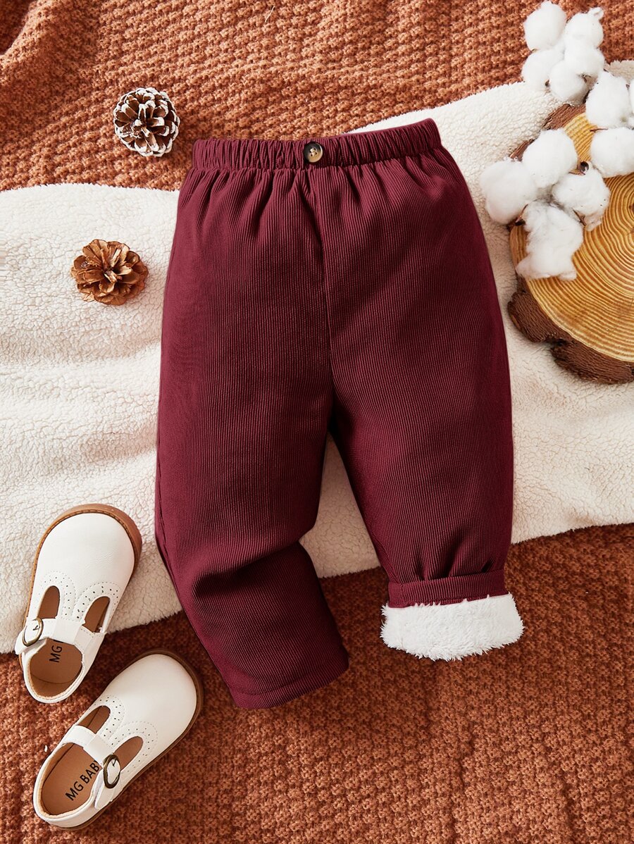 SHEIN Bebé Pantalones con botón delantero térmico - Burdeos - Ver 1