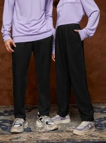 SWAVVY 1pc Elastic Waist Slant Pocket Joggers - Black - View 1