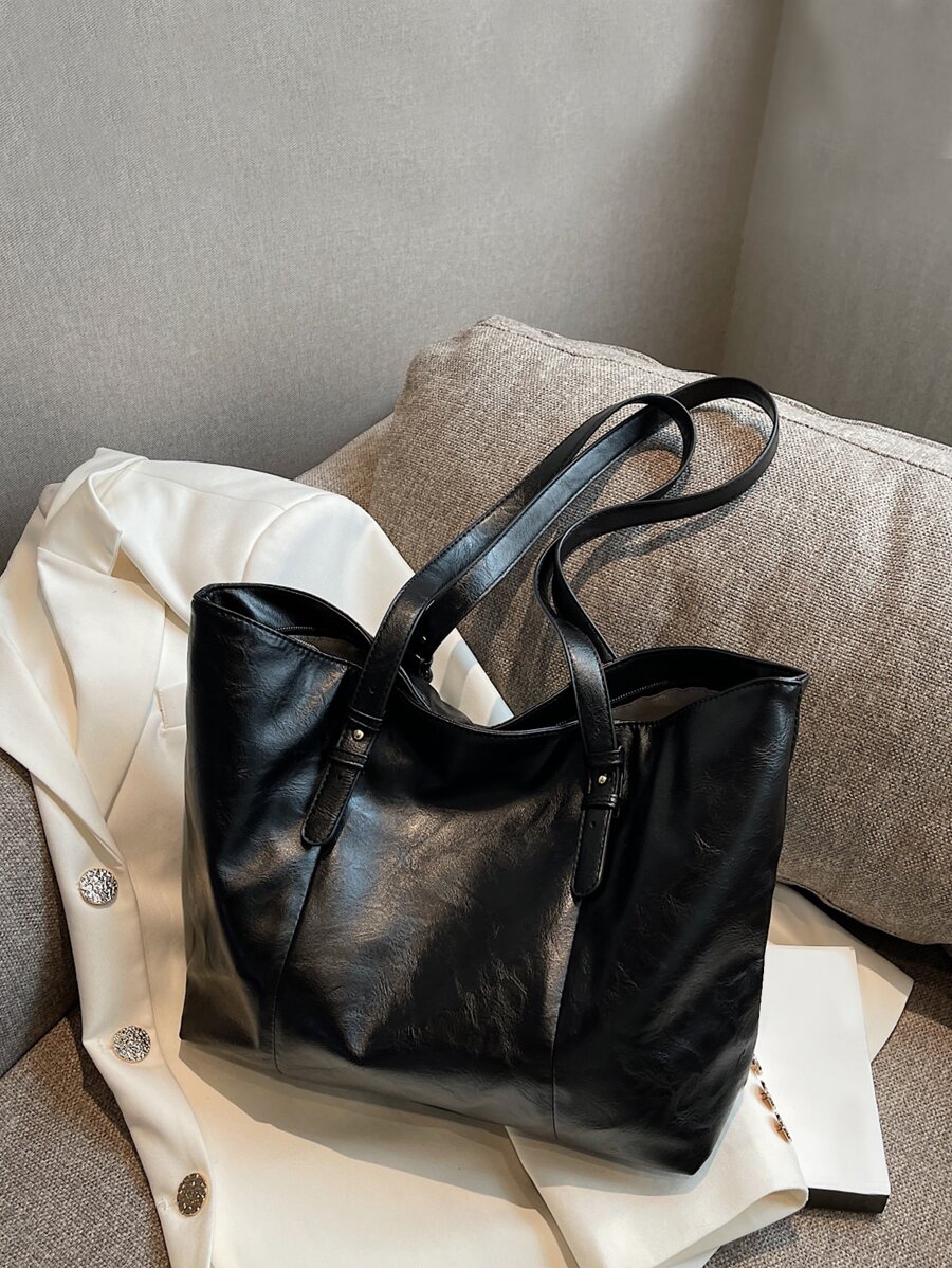 Vintage Design Shoulder Tote Bag - Black - View 1