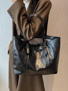 Vintage Design Shoulder Tote Bag - Black - View 2