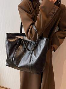 Vintage Design Shoulder Tote Bag - Black - View 8