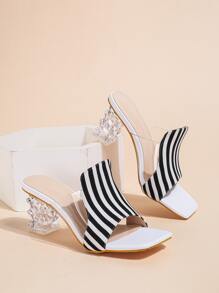 Women Striped Pattern Sculptural Heeled Mule Sandals, Fashion Summer Heeled Sandals