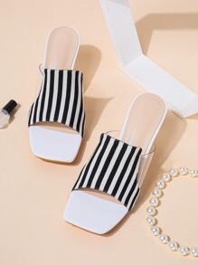 Women Striped Pattern Sculptural Heeled Mule Sandals, Fashion Summer Heeled Sandals