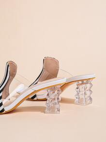 Women Striped Pattern Sculptural Heeled Mule Sandals, Fashion Summer Heeled Sandals