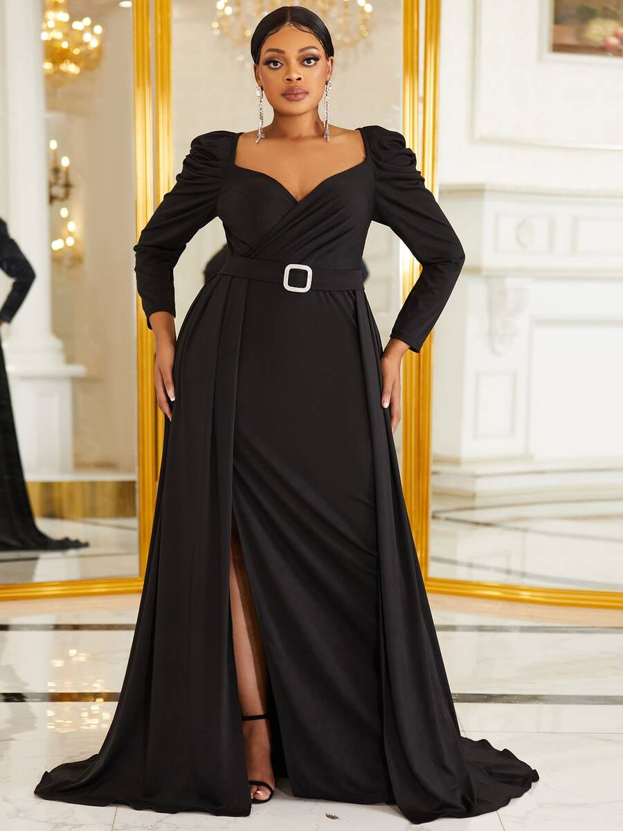 YISIKADO Plus Women Formal Evening Dress Sweetheart Neck Puff Sleeve Split Thigh Belted Long Sleeve Prom Party Dress Elegant Ball Gown Wedding Guest Dinner Graduation - Black - View 1