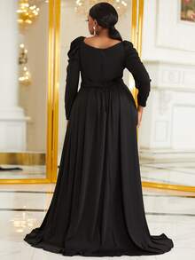YISIKADO Plus Women Formal Evening Dress Sweetheart Neck Puff Sleeve Split Thigh Belted Long Sleeve Prom Party Dress Elegant Ball Gown Wedding Guest Dinner Graduation - Black - View 2