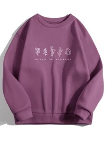 SHEIN EZwear Slogan & Floral Print Thermal Pullover  Fall Outfit - Purple - View 1