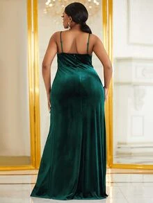 YISIKADO Vestido de tirantes con diamante de imitación bajo cruzado de terciopelo - Verde Oscuro - Ver 2