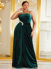 YISIKADO Vestido de tirantes con diamante de imitación bajo cruzado de terciopelo - Verde Oscuro - Ver 4