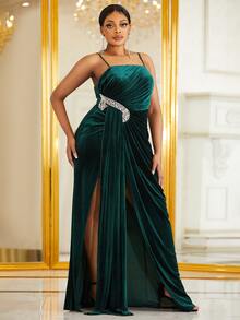 YISIKADO Vestido de tirantes con diamante de imitación bajo cruzado de terciopelo - Verde Oscuro - Ver 5