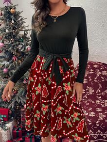 Christmas Print Belted Dress - Burgundy - View 4