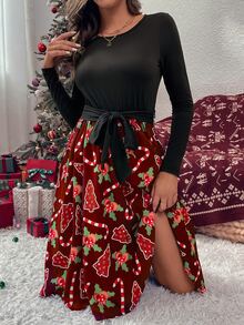 Christmas Print Belted Dress - Burgundy - View 5