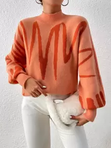 SHEIN Essnce Jersey con patrón de dibujo de cuello alto de manga obispo - Naranja - Ver 1