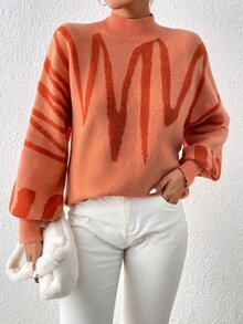 SHEIN Essnce Jersey con patrón de dibujo de cuello alto de manga obispo - Naranja - Ver 5