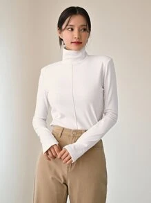 DAZY 高领拇指孔 T 恤，秋季服装长袖女式上衣 - 白色 - 查看 3