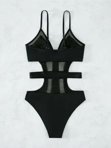 SHEIN Swim 網紗拼接鏤空連體泳衣 - 黑色 - 查看 2