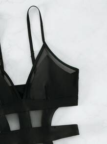 SHEIN Swim 網紗拼接鏤空連體泳衣 - 黑色 - 查看 4