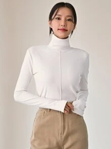 DAZY 高领拇指孔 T 恤，秋季服装长袖女式上衣 - 白色 - 查看 5