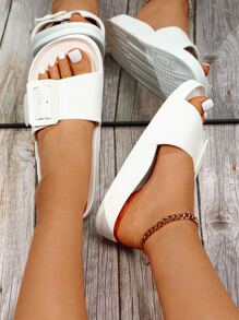 Adjustable, Soft & Comfortable Single-Buckle Women's Slide Sandals, Fashionable Color For Beach, Resort, Photography, Versatile Flat Design,Slippers Women - White - View 3