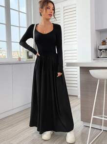 SHEIN EZwear 大圓領素色洋裝 - 黑色 - 查看 4