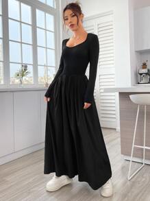 SHEIN EZwear 大圓領素色洋裝 - 黑色 - 查看 6