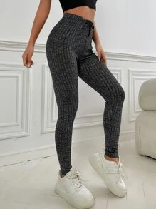 SHEIN Essnce Quần tất nữ Dây kéo màu trơn Giải trí - Màu xám đen - Xem 3