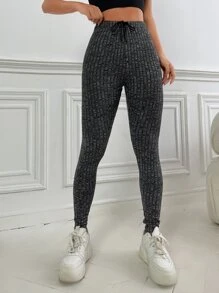 SHEIN Essnce Quần tất nữ Dây kéo màu trơn Giải trí - Màu xám đen - Xem 4